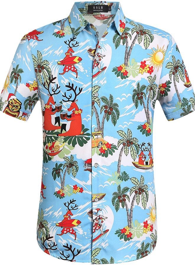 SSLR Men's Santa Claus Party Tropical Ugly Hawaiian Christmas Shirts (Large, Blue) - Image 1