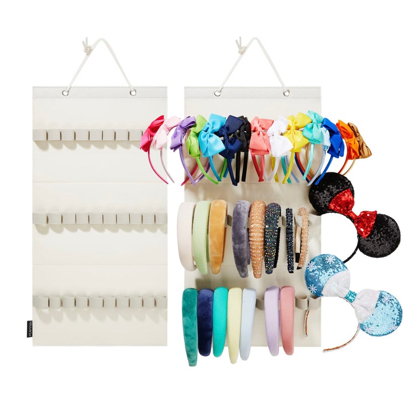 HUHYNN Hanging Headband Organizer with 30 Elastic Loops for Women Girls Headbands Display Wall Headband Holder Organizer for Home Beige