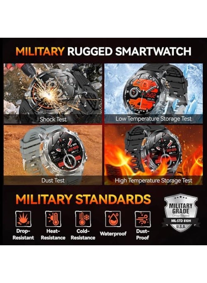 Military Smart Watches for Men, 1000mAh Battery/LED Flashlight/2 Straps/IP67 Waterproof Smartwatch, Stress/Blood Oxygen/Heart Rate/Sleep Monitor, Reminder, Fitness Tracker for iOS Android, Black - Image 3