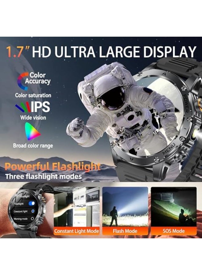 Military Smart Watches for Men, 1000mAh Battery/LED Flashlight/2 Straps/IP67 Waterproof Smartwatch, Stress/Blood Oxygen/Heart Rate/Sleep Monitor, Reminder, Fitness Tracker for iOS Android, Black - Image 5