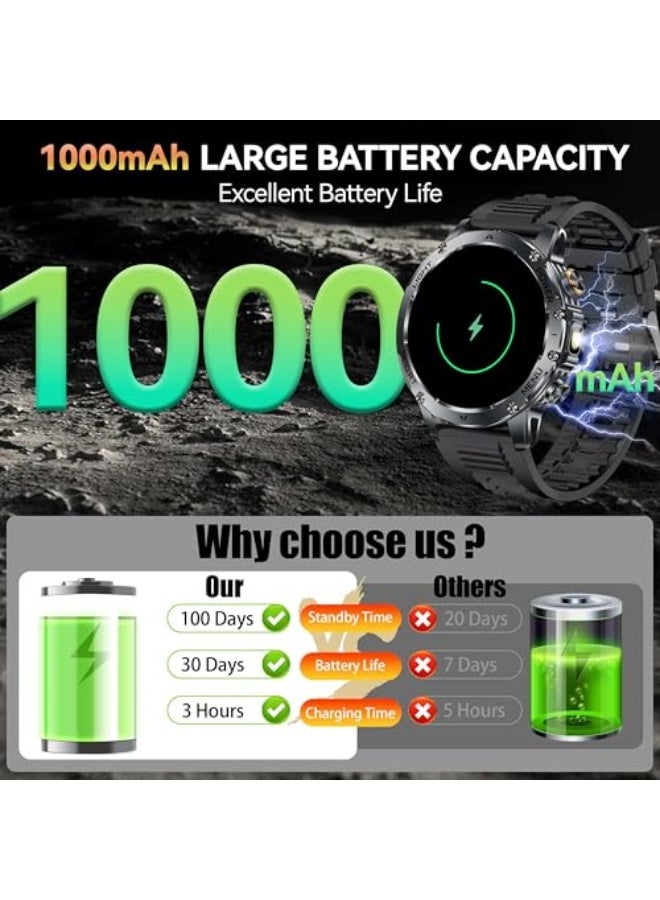 Military Smart Watches for Men, 1000mAh Battery/LED Flashlight/2 Straps/IP67 Waterproof Smartwatch, Stress/Blood Oxygen/Heart Rate/Sleep Monitor, Reminder, Fitness Tracker for iOS Android, Black - Image 2