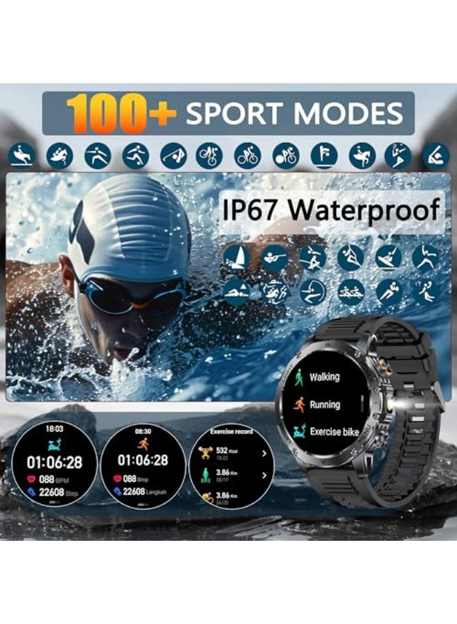 Military Smart Watches for Men, 1000mAh Battery/LED Flashlight/2 Straps/IP67 Waterproof Smartwatch, Stress/Blood Oxygen/Heart Rate/Sleep Monitor, Reminder, Fitness Tracker for iOS Android, Black - Image 4