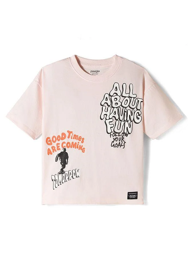Primo Gino Primo Gino 100% Cotton Knit Drop Shoulder Half Sleeves Oversized T-Shirt with Chest and Back Print - Pink