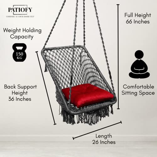 Patiofy Swing for Adults for Home/Jhula for Adults/Swing for Living Room for Balcony/Square Hanging Swing/Includes Hanging Kit & Sitting Cushion (Grey)- Polyester,66 Cm,91 Cm,168 Cm - Image 4