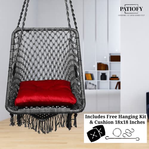 Patiofy Swing for Adults for Home/Jhula for Adults/Swing for Living Room for Balcony/Square Hanging Swing/Includes Hanging Kit & Sitting Cushion (Grey)- Polyester,66 Cm,91 Cm,168 Cm - Image 2