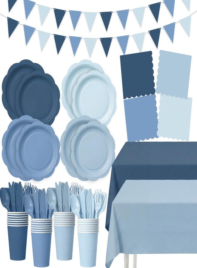 Potchen 392 Pcs Dusty Blue Party Supplies for 48 Guests, Gradient Blue Scalloped Paper Plates Napkins Cups Tablecloth Banner Tableware for Birthday Wedding Bridal Baby Shower Party Decorations - Image 1