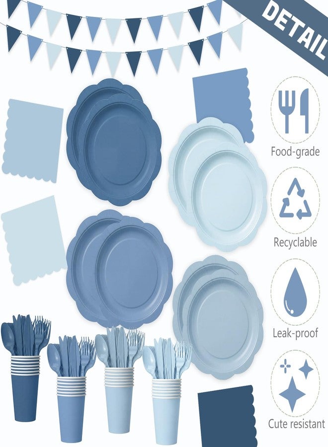 Potchen 392 Pcs Dusty Blue Party Supplies for 48 Guests, Gradient Blue Scalloped Paper Plates Napkins Cups Tablecloth Banner Tableware for Birthday Wedding Bridal Baby Shower Party Decorations - Image 2