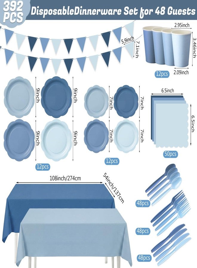 Potchen 392 Pcs Dusty Blue Party Supplies for 48 Guests, Gradient Blue Scalloped Paper Plates Napkins Cups Tablecloth Banner Tableware for Birthday Wedding Bridal Baby Shower Party Decorations - Image 3