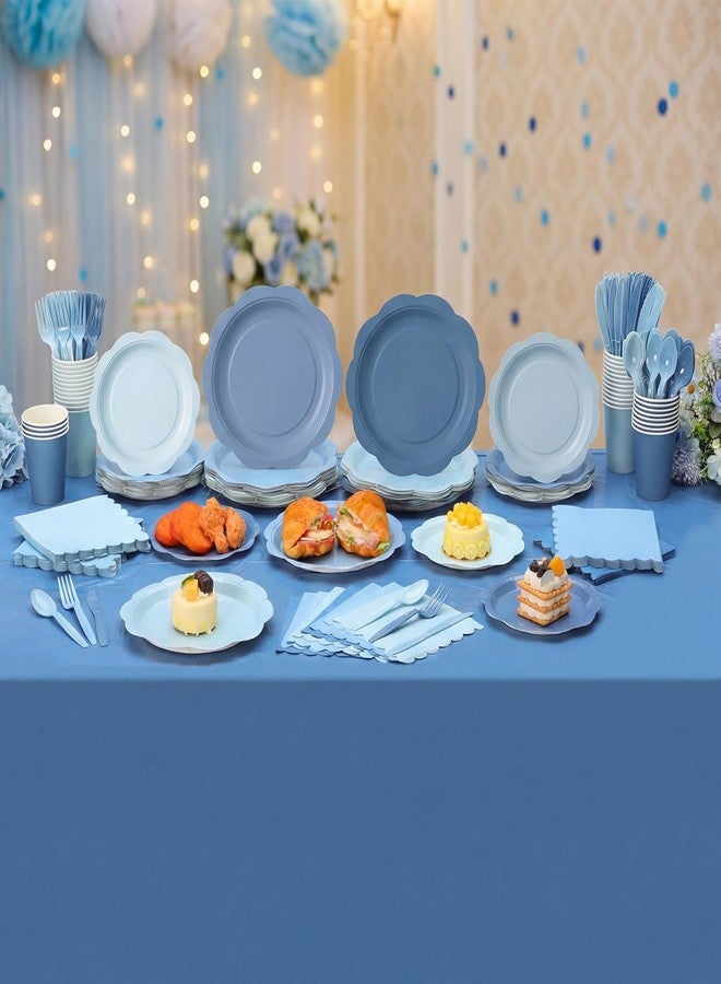 Potchen 392 Pcs Dusty Blue Party Supplies for 48 Guests, Gradient Blue Scalloped Paper Plates Napkins Cups Tablecloth Banner Tableware for Birthday Wedding Bridal Baby Shower Party Decorations - Image 5