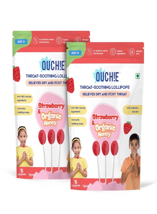 Ouchie Kids Throat Soothing Lollipops – Strawberry with Organic Honey, Vitamin C & Zinc | Helps Relieve Dry & Itchy Throat | Immunity Support | Pack of 2 (30 Lollipops) - Image 1