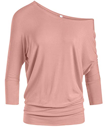 Simlu Womens Jersey Off The Shoulder Sweater Top Round Scoop Neck, Dusty Rose, Medium - Image 1