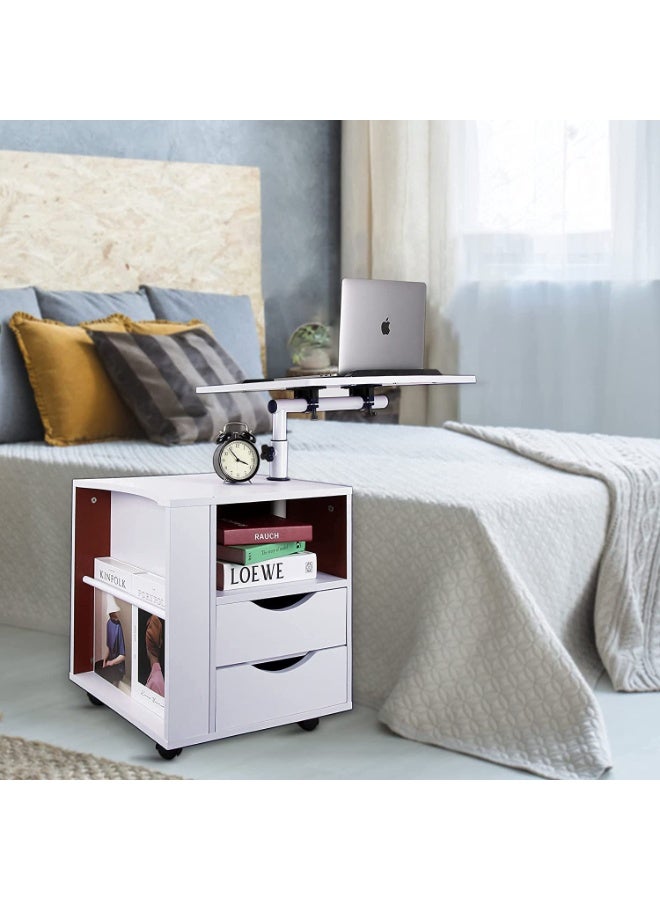 Generic Bedside Table, Wooden Side Table Nightstand with Wheels, Movable Laptop Desk, Multifunction Storage Cabinet with Lifting Swivel Tray and Drawers for Bedroom Living Room Sofa, CT1 (White)  - Image 4