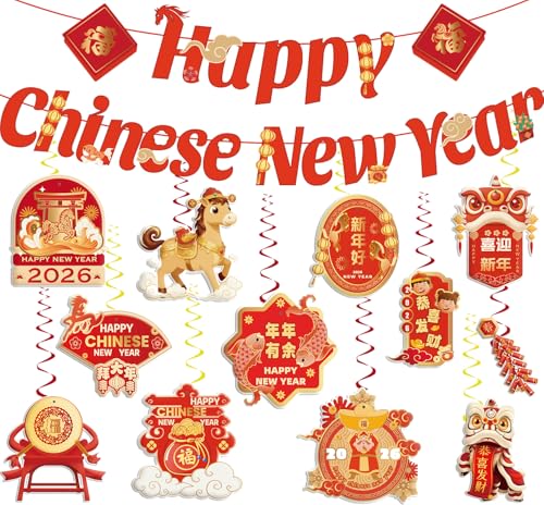 CHYAGCLT Chinese New Year Decorations 2026 Happy Chinese New Year Banner with Hanging Swirls Lunar New Year Decorations The Year of The Horse for Spring Festival Party Decorations - Image 1