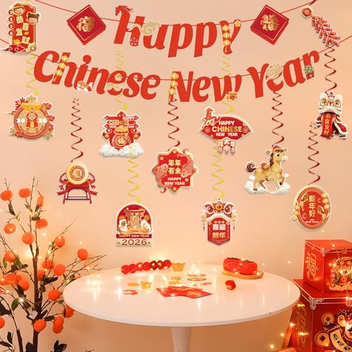 CHYAGCLT Chinese New Year Decorations 2026 Happy Chinese New Year Banner with Hanging Swirls Lunar New Year Decorations The Year of The Horse for Spring Festival Party Decorations - Image 5