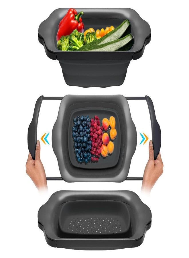 كومفيفي مصفاة تُعلق فوق الحوض بمقابض - مصفاة مطبخ بلاستيكية سوداء أنيقة للمعكرونة والخضراوات والفواكه - تصميم موفر للمساحة - 17.1 × 10.1 × 1.4 بوصة - Image 1