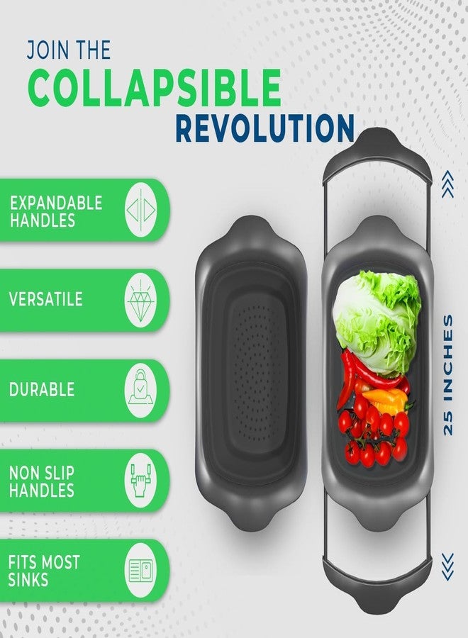 كومفيفي مصفاة تُعلق فوق الحوض بمقابض - مصفاة مطبخ بلاستيكية سوداء أنيقة للمعكرونة والخضراوات والفواكه - تصميم موفر للمساحة - 17.1 × 10.1 × 1.4 بوصة - Image 2