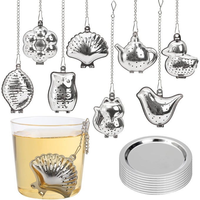SET OF 8 LOOSE LEAF TEA INFUSERS WITH CHAIN AND 8 DRIP TRAYS 188 STAINLESS STEEL TEA BALLS CUTE TEA STEEPERS MINI TEA STRAINER TEA FILTER SET FOR MUGS TEA CUPS TEAPOTS 16 PCS