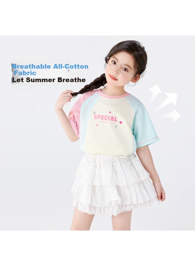 Zuoxi Girls' Short Sleeve T-shirt Pure Cotton Children's Summer New Girls' Color-blocked Short-sleeved Stylish Top Beige 150 - Image 1