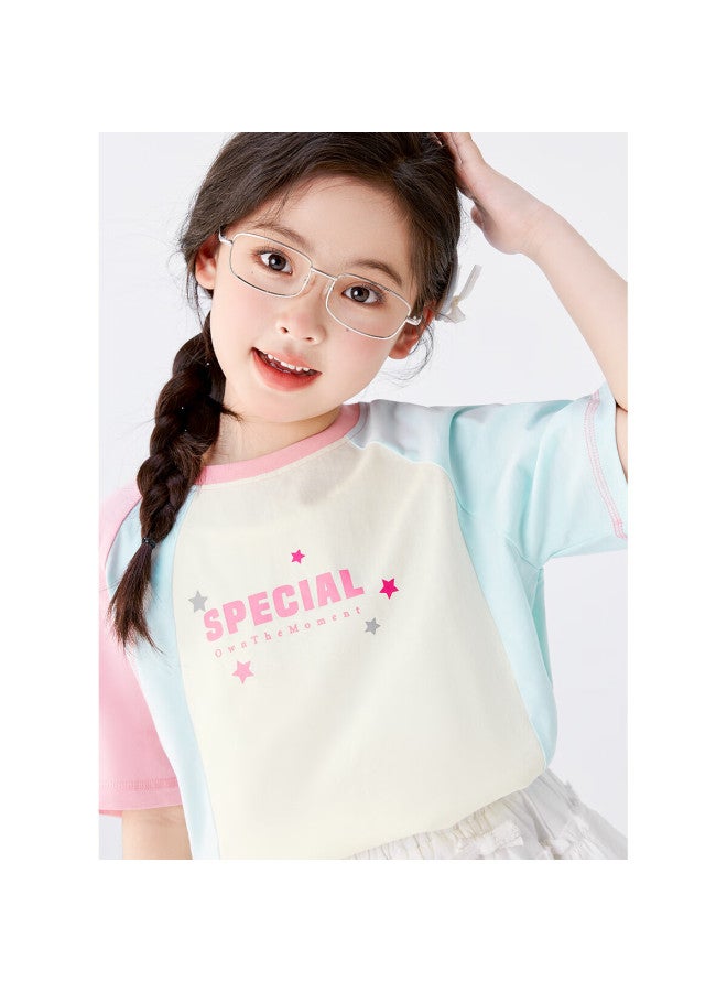 Zuoxi Girls' Short Sleeve T-shirt Pure Cotton Children's Summer New Girls' Color-blocked Short-sleeved Stylish Top Beige 150 - Image 3