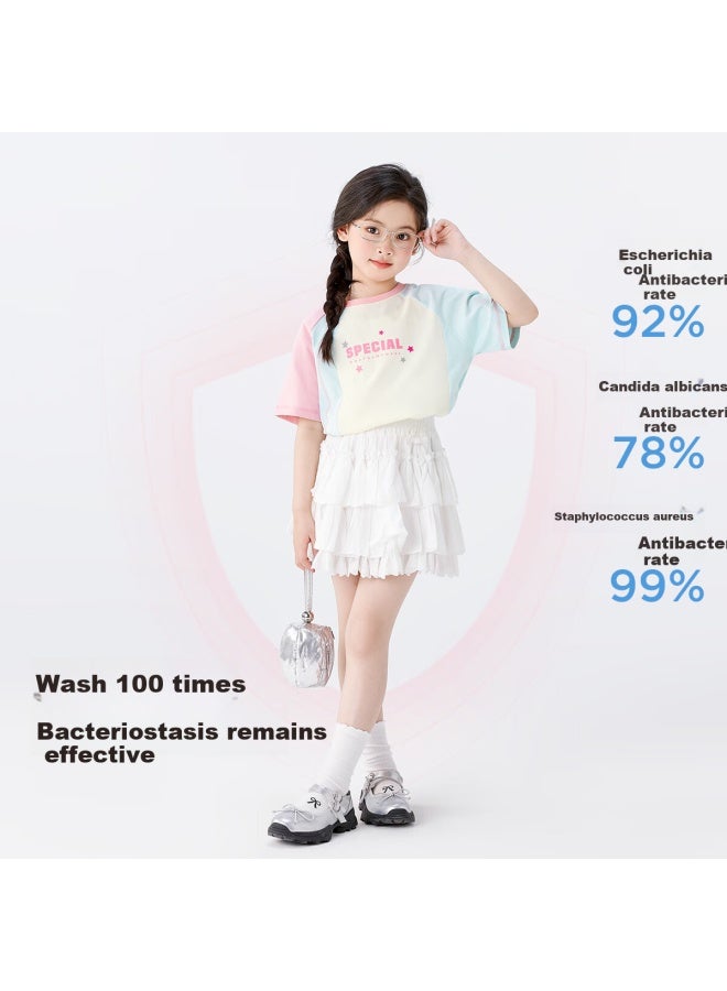 Zuoxi Girls' Short Sleeve T-shirt Pure Cotton Children's Summer New Girls' Color-blocked Short-sleeved Stylish Top Beige 150 - Image 2
