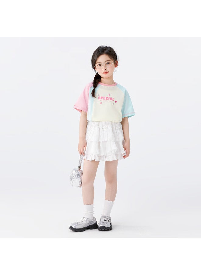 Zuoxi Girls' Short Sleeve T-shirt Pure Cotton Children's Summer New Girls' Color-blocked Short-sleeved Stylish Top Beige 150 - Image 4