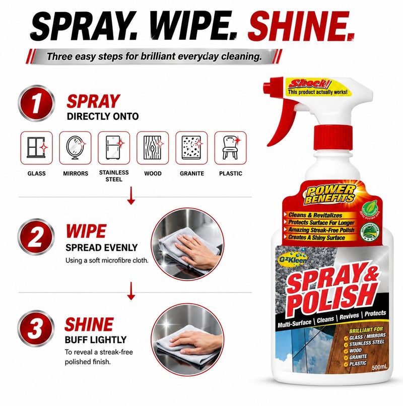 OzKleen Spray & Polish Multi-Surface Cleaner 500ml, Australian Made & Owned, Streak-Free Polish for Glass, Mirrors, Stainless Steel, Wood, Granite & Plastic, Cleans, Revives & Protects - Image 4
