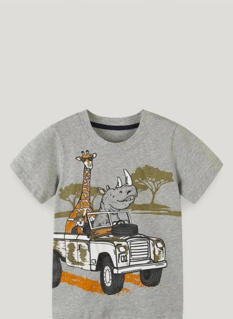 يونيكي Grey Printed Round Neck Cotton T-shirt