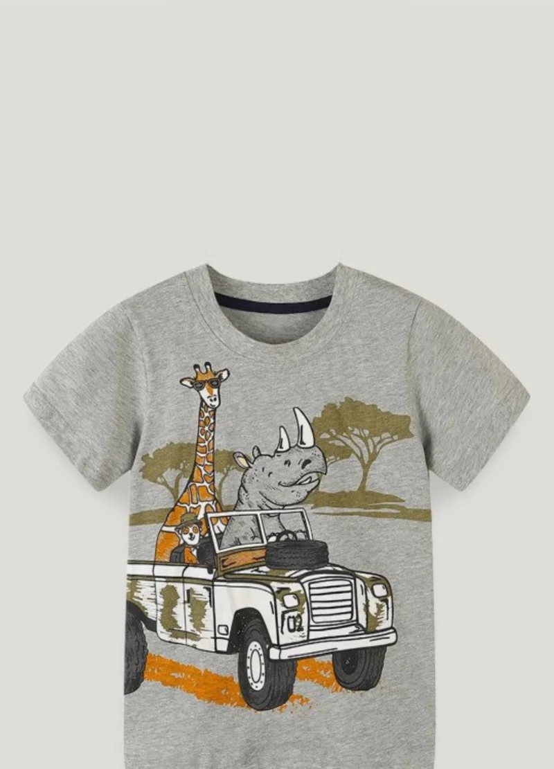 يونيكي Grey Printed Round Neck Cotton T-shirt