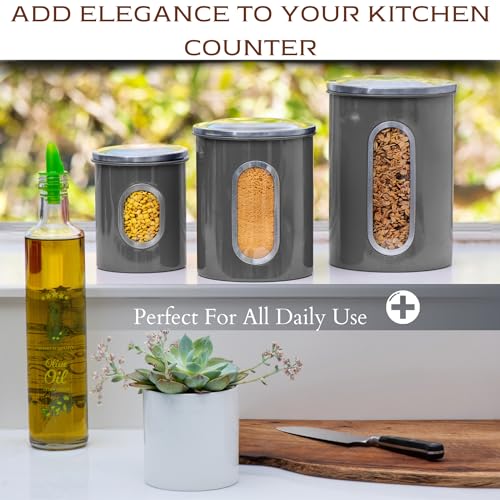 Moss & Stone 3-Piece Gray Canisters Sets For The Kitchen, Airtight Canister Set With See Through Window, Storage Jars for Coffee Container, Tea Organizer & Sugar Canister, Gray Kitchen Canisters - Image 5