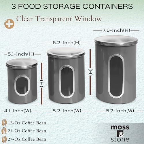 Moss & Stone 3-Piece Gray Canisters Sets For The Kitchen, Airtight Canister Set With See Through Window, Storage Jars for Coffee Container, Tea Organizer & Sugar Canister, Gray Kitchen Canisters - Image 2