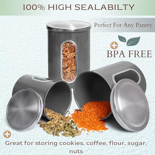 Moss & Stone 3-Piece Gray Canisters Sets For The Kitchen, Airtight Canister Set With See Through Window, Storage Jars for Coffee Container, Tea Organizer & Sugar Canister, Gray Kitchen Canisters - Image 4