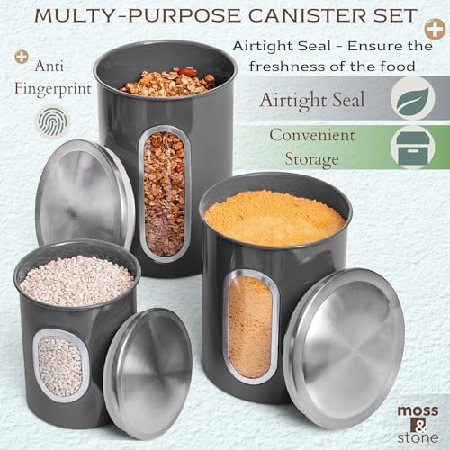 Moss & Stone 3-Piece Gray Canisters Sets For The Kitchen, Airtight Canister Set With See Through Window, Storage Jars for Coffee Container, Tea Organizer & Sugar Canister, Gray Kitchen Canisters - Image 3