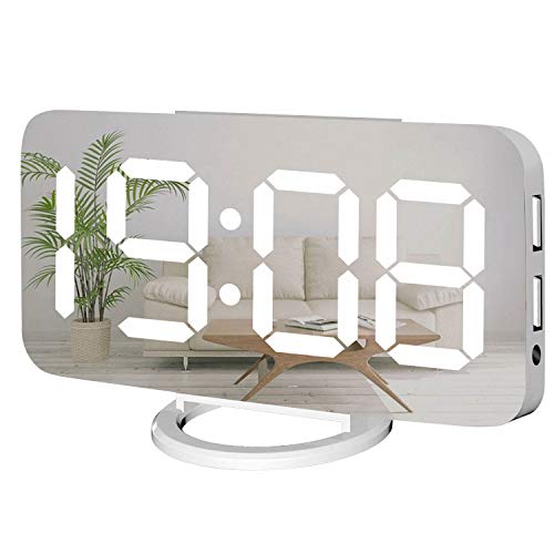 Miowachi White Digital Alarm Clock for Bedrooms, Small Desk Table Bedside Nightstand Cute Decorative LED Mirror Clock for Home Room Office Vanity, USB Charger - Image 1