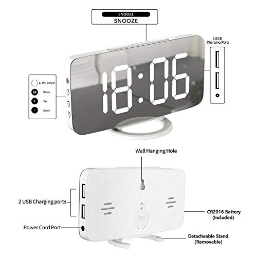 Miowachi White Digital Alarm Clock for Bedrooms, Small Desk Table Bedside Nightstand Cute Decorative LED Mirror Clock for Home Room Office Vanity, USB Charger - Image 4