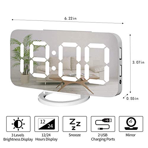 Miowachi White Digital Alarm Clock for Bedrooms, Small Desk Table Bedside Nightstand Cute Decorative LED Mirror Clock for Home Room Office Vanity, USB Charger - Image 5