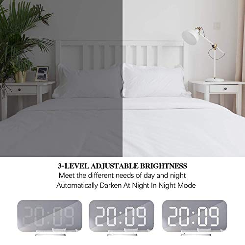Miowachi White Digital Alarm Clock for Bedrooms, Small Desk Table Bedside Nightstand Cute Decorative LED Mirror Clock for Home Room Office Vanity, USB Charger - Image 3