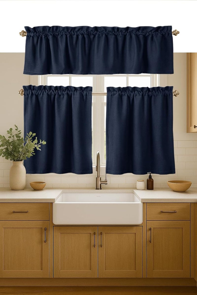 Native Fab 3 Piece Window Curtain Tiers 26"x36" and Valance 54"x18" Set - Rod Pocket - Semi Sheer - Farmhouse Small Curtain for Kitchen, Cafe, Living Room - Navy Blue - Image 1