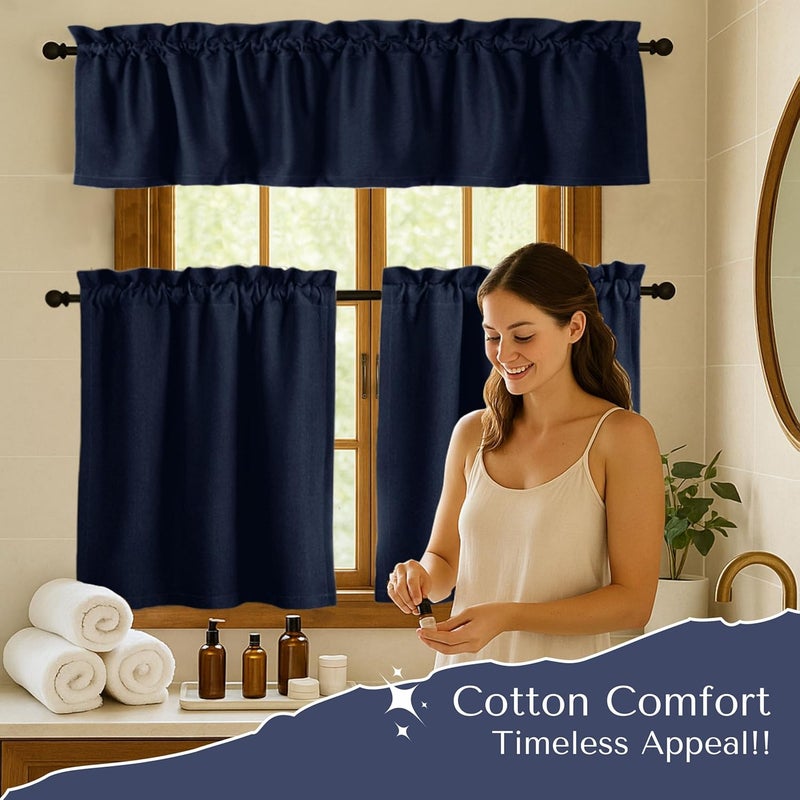 Native Fab 3 Piece Window Curtain Tiers 26"x36" and Valance 54"x18" Set - Rod Pocket - Semi Sheer - Farmhouse Small Curtain for Kitchen, Cafe, Living Room - Navy Blue - Image 2