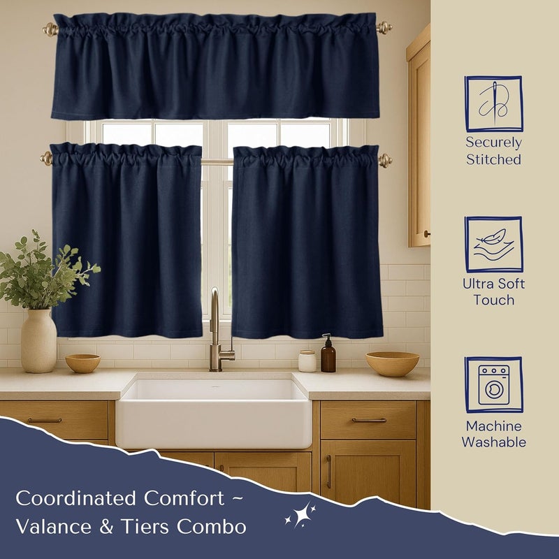 Native Fab 3 Piece Window Curtain Tiers 26"x36" and Valance 54"x18" Set - Rod Pocket - Semi Sheer - Farmhouse Small Curtain for Kitchen, Cafe, Living Room - Navy Blue - Image 5