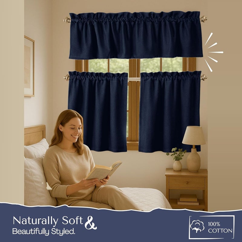Native Fab 3 Piece Window Curtain Tiers 26"x36" and Valance 54"x18" Set - Rod Pocket - Semi Sheer - Farmhouse Small Curtain for Kitchen, Cafe, Living Room - Navy Blue - Image 4