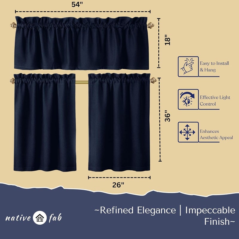 Native Fab 3 Piece Window Curtain Tiers 26"x36" and Valance 54"x18" Set - Rod Pocket - Semi Sheer - Farmhouse Small Curtain for Kitchen, Cafe, Living Room - Navy Blue - Image 3
