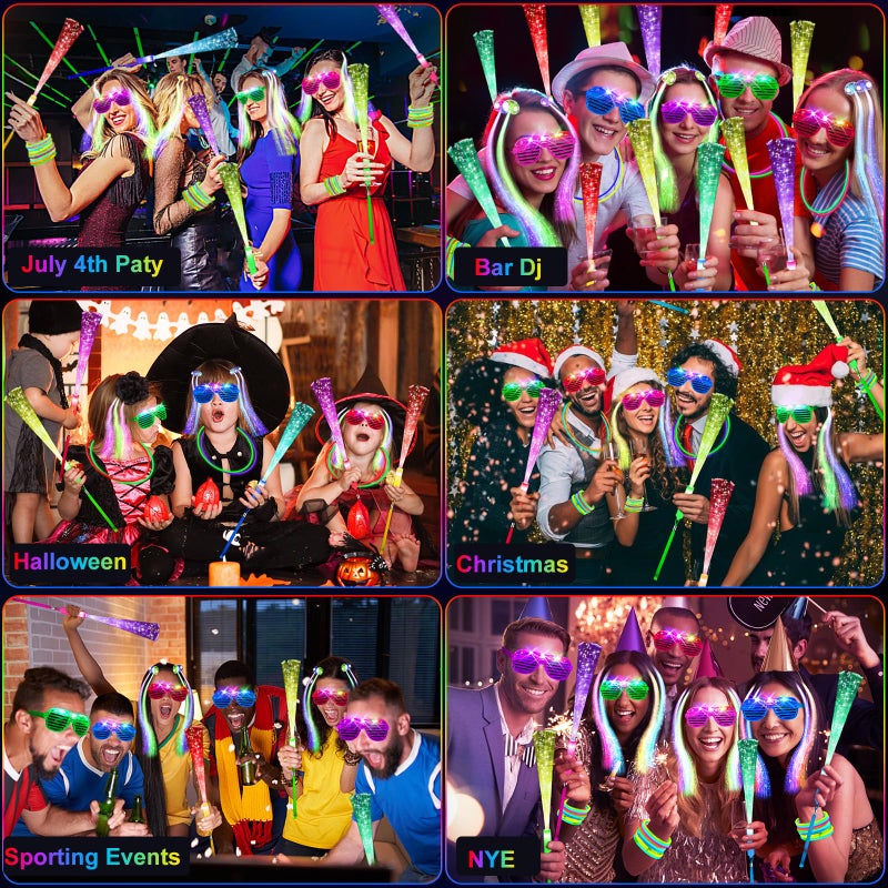 OLUPP 148 PCS Glow in the Dark Party Supplies, 16 Fiber Optic Wands, 14 LED Glasses, 100 Glow Sticks and 18 LED Hair Clips Fiber Optic for Neon Party, Wedding, Birthday, Concert, New Year - Image 4