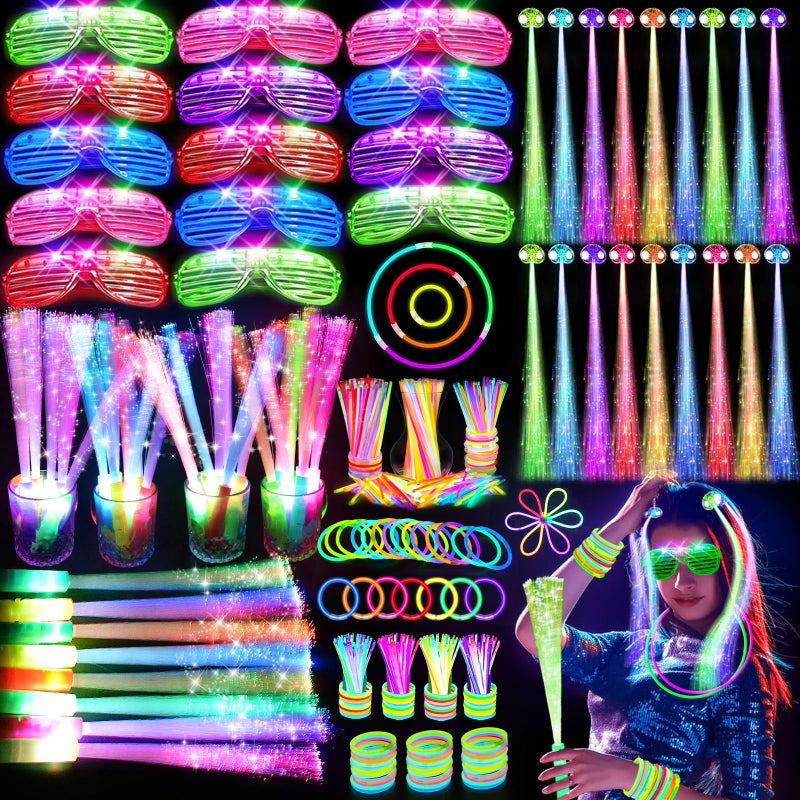 OLUPP 148 PCS Glow in the Dark Party Supplies, 16 Fiber Optic Wands, 14 LED Glasses, 100 Glow Sticks and 18 LED Hair Clips Fiber Optic for Neon Party, Wedding, Birthday, Concert, New Year - Image 1