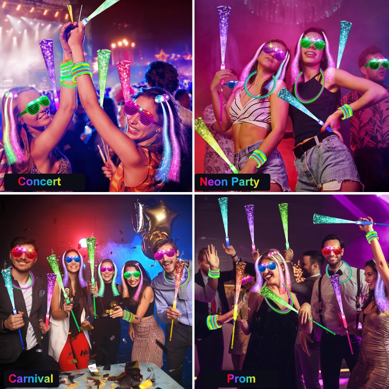 OLUPP 148 PCS Glow in the Dark Party Supplies, 16 Fiber Optic Wands, 14 LED Glasses, 100 Glow Sticks and 18 LED Hair Clips Fiber Optic for Neon Party, Wedding, Birthday, Concert, New Year - Image 3