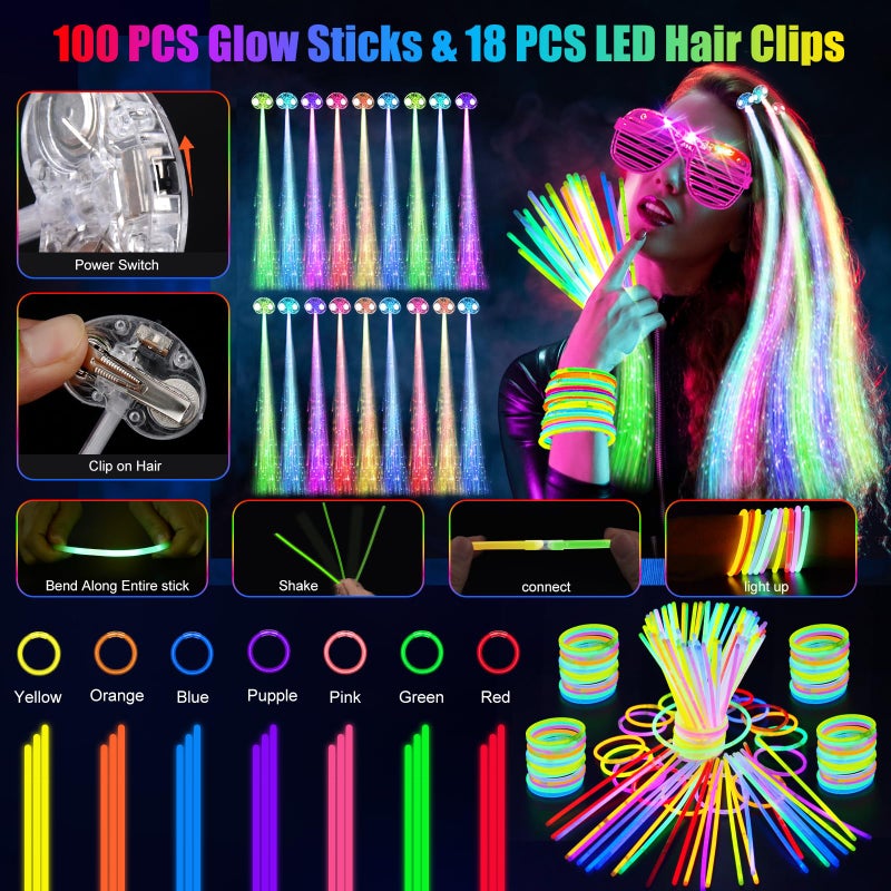 OLUPP 148 PCS Glow in the Dark Party Supplies, 16 Fiber Optic Wands, 14 LED Glasses, 100 Glow Sticks and 18 LED Hair Clips Fiber Optic for Neon Party, Wedding, Birthday, Concert, New Year - Image 5