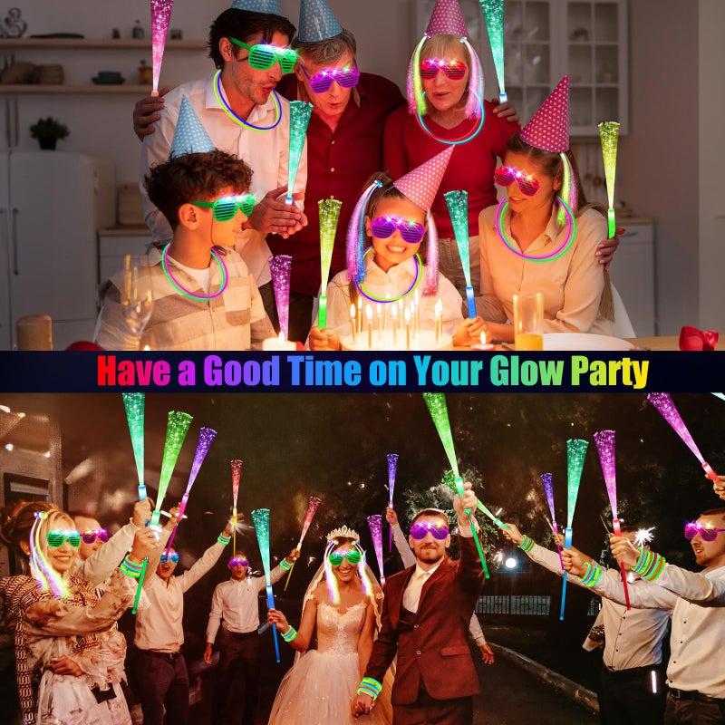 OLUPP 148 PCS Glow in the Dark Party Supplies, 16 Fiber Optic Wands, 14 LED Glasses, 100 Glow Sticks and 18 LED Hair Clips Fiber Optic for Neon Party, Wedding, Birthday, Concert, New Year - Image 2