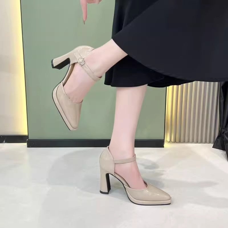 Nude Waterproof Platform High Heels For Women Patent Leather Thick Heel Flats, Everyday Versatile Elegant, Non-Tiring Sandals - Image 4