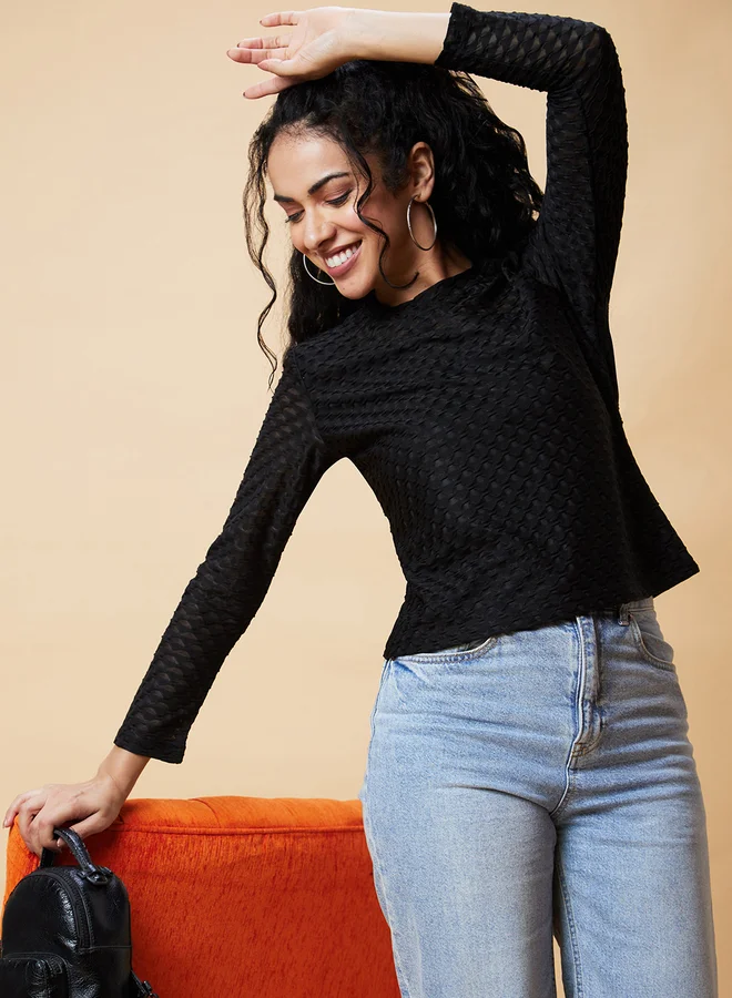 globus Globus Black Textured Round Neck Top