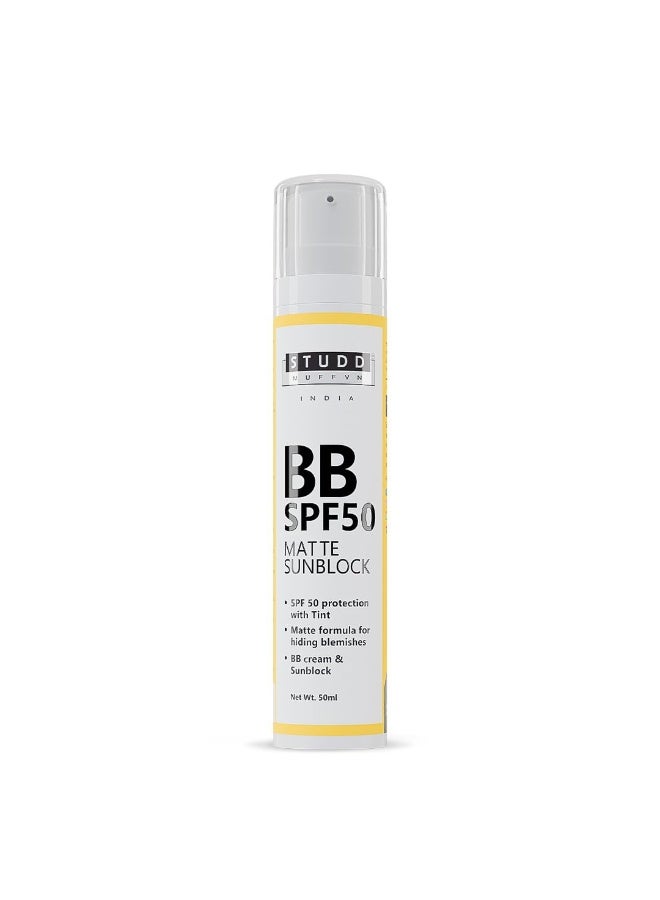 Studd Muffyn | BB SPF 50 sunscreen with Tint | Matte Finish & Lightweight Coverage | Sun Protection, Even Skin Tone & Daily Moisturization | With Triphala, Almond & Aloe Vera | For Men & Women 50ml - Image 1