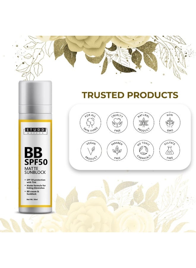 Studd Muffyn | BB SPF 50 sunscreen with Tint | Matte Finish & Lightweight Coverage | Sun Protection, Even Skin Tone & Daily Moisturization | With Triphala, Almond & Aloe Vera | For Men & Women 50ml - Image 4